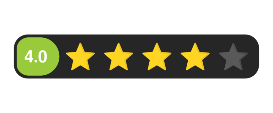 Four star rating bar with numeric label 4.0, strong customer review feedback score for service and product quality, PNG with transparent background
