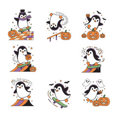 Retro Halloween Ghost Penguin Vector Set of Spooky Cartoon Penguins Skating on Candy Ramps with Glowing Jack-o’-Lanterns, Ghost Companions, Bats, and Candy Trails, Bold Vintage Illustrations 