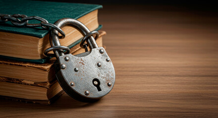 An old padlock and chain on a stack of books. Copyright and intellectual property.