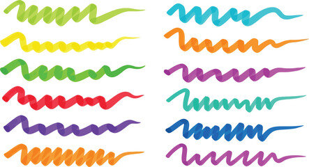 Colorful marker strokes create a vibrant set of zigzags, perfect for adding a playful touch to graphic design projects.
