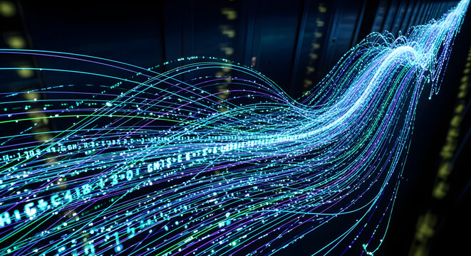 Vibrant data streams flow in a digital network, showcasing connectivity and innovation, perfect for technology and business concepts, futuristic vision