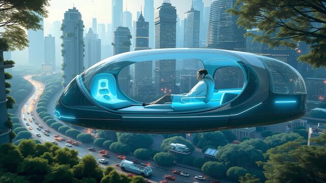 Futuristic flying car with glass cabin above eco-smart city skyline