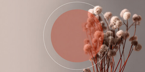 Minimal dried flowers with abstract circular element on soft background modern decorative design - AI generated