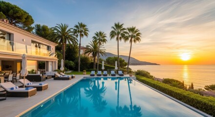 Obraz premium Stunning oceanfront villa with infinity pool at sunset invites luxurious relaxation and summer getaways