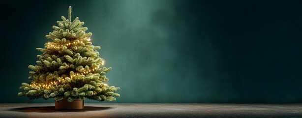Minimal Christmas tree background  with single undecorated tree wrapped in glowing golden fairy lights, standing alone in corner against smooth ultra dark green black wall with copy space artwork