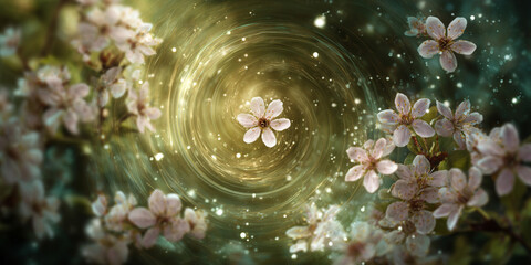 Fantasy floral swirl composition with glowing blossoms in spiral motion creating dreamy spring nature design - AI generated