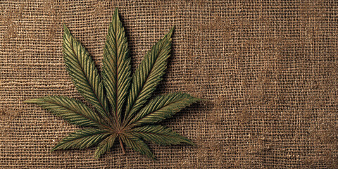 Cannabis leaf closeup on jute fabric background natural eco organic composition - AI generated