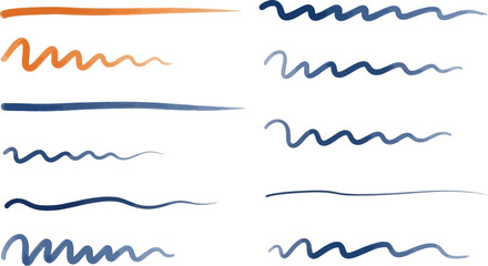 Artistic brush strokes in orange and blue hues create a dynamic set of decorative elements for graphic design projects.