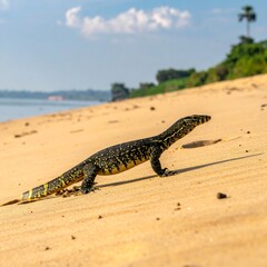 Reptile with yellow markings walks on sand near a body of water on a sunny day