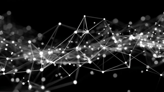 Abstract black and white digital network structure, futuristic technology background, interconnected nodes and lines, high contrast, modern minimalistic design