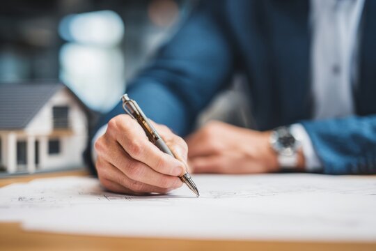 A person is focused on drafting building plans at a desk in a modern office. A small model house sits beside the drawings, indicating architectural work in progress