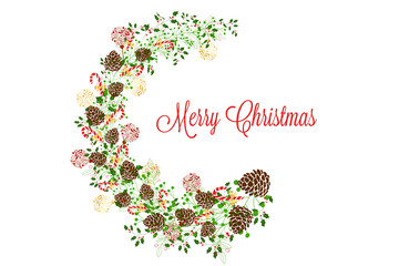 A festive wreath made of green leaves, pinecones, and candy canes, with 