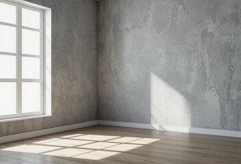 Minimal empty room Living Room with window shadow Grey wall on background. 3d rendering.