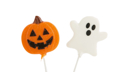 Spooky and Sweet Adorable Halloween-Themed Lollipops Shaped Like a Pumpkin and a Ghost on White Background