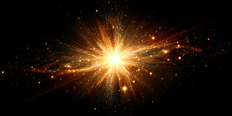 Golden starburst explosion with glowing particles and light rays on dark background abstract cosmic energy design - AI generated