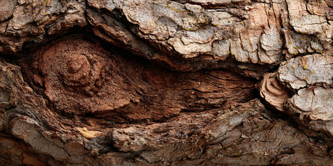 Closeup of rugged bark with natural eye knot pattern creating rustic organic tree wood background - AI generated