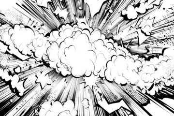 Abstract Explosion Design With White Clouds and Black Burst Lines on Transparent Background