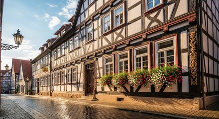 Obraz premium Charming half timbered homes create a quaint European street scene with vibrant flower boxes and cobblestone