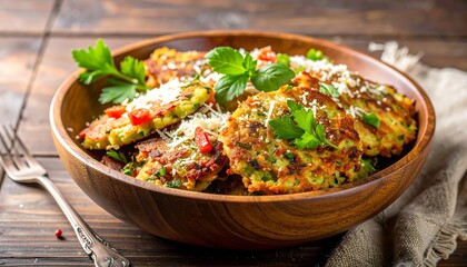 Wooden bowl of savory fritters