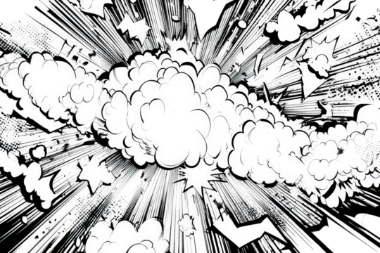 Abstract Explosion Design With White Clouds and Black Burst Lines on Transparent Background