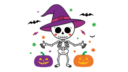 Spooky Skeleton Halloween Illustration with Pumpkins and Bats