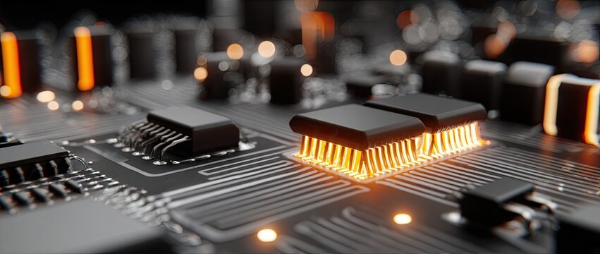 A close-up of a circuit board, highlighted by glowing orange components and blurred background details