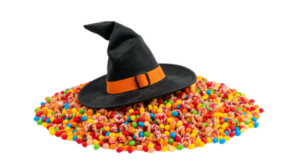 Whimsical Witch Hat Resting Atop a Vibrant Pile of Assorted Gummy Candies, Perfect for Halloween Themed Designs and Celebrations