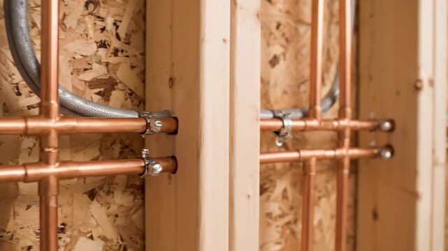 モジュール住宅壁、銅管と配線精密設置 (モーション：精密設置, 背景：モジュール住宅壁)