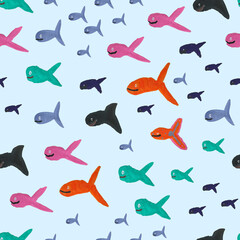 Colorful pattern of various fish swimming in a playful ocean scene on a light background