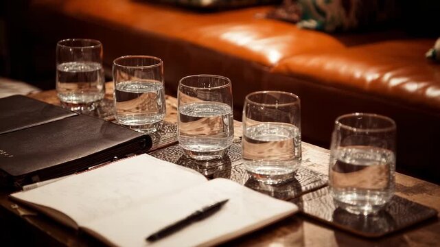 Five water glasses lined up on a tray with an open notebook and pen on a table.