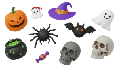 A vibrant collection of playful Halloween-themed digital illustrations, including a jack-o'-lantern, witch's hat, ghost, spider, cauldron, candy, bat, and skulls