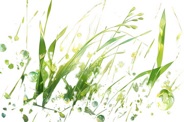 Fototapeta premium Watercolor depiction of lush green grass with water droplets against a transparent background