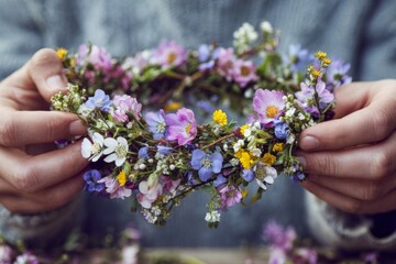 Hands gently hold a handmade flower crown made of vibrant wildflowers in a peaceful outdoor environment during springtime. A relaxing and artistic moment unfolds