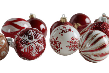 Festive Holiday Ornaments in Red White and Gold Against a Black Background