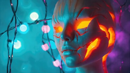 Glowing Pumpkin Mask Face With Lights. Halloween Horror Theme With Neon Background