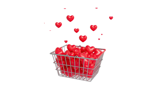 Shopping basket with red hearts love gift symbol romantic celebration holiday retail object isolated on white background