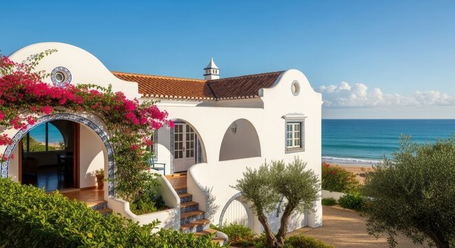 Stunning Mediterranean villa with ocean view, perfect for luxury vacation rentals and travel brochures