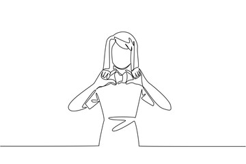 Continuous one line drawing a woman in casual clothes holds a thyroid gland mockup with both hands. Signs of an unhealthy thyroid gland. World Thyroid Day. Single line draw design vector illustration