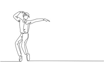 Single one line drawing a man wearing a white long sleeve shirt, a hat and his feet on tiptoes. Male dancer with phenomenal moves. National Tap Dance Day. Continuous line design graphic illustration
