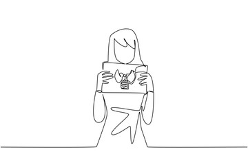 Single one line drawing a woman in casual clothes holds a paper with a mockup of a thyroid gland with both hands. Disease. Treatment. World Thyroid Day. Continuous line design graphic illustration