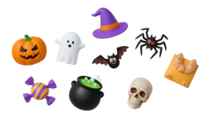 A charming digital illustration showcasing a collection of whimsical Halloween-themed decorations and icons, perfect for festive designs