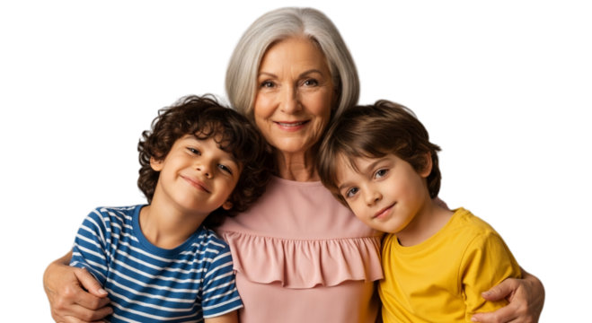 Photo of happy grandmother hugging her two grandchildren isolated on transparent background