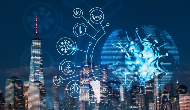New York City skyline with digital medical icons and virus graphic overlay, in a futuristic blue tone, representing healthcare, pandemic, and urban impact - Powered by Adobe