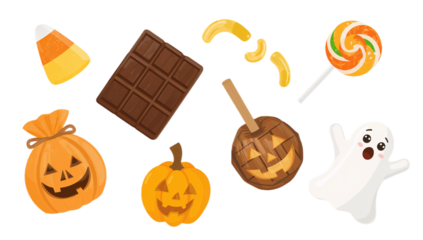 A vibrant assortment of Halloween treats including candy corn, chocolate, lollipops, pumpkins, and a friendly ghost, perfect for festive decorations and celebrations
