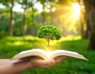 Emerging World: A luminous tree flourishing from an open book, representing the convergence of knowledge, nature, and environmental awareness, symbolizing growth and discovery.