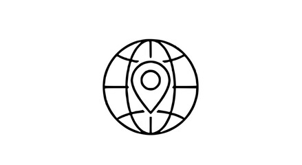 Globe icon with a location pin marking a specific point on the world, depicted in a simple black and white line drawing.