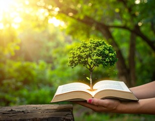 Harmony in Reading and Nature: A gentle pair of hands cradles an open book, from which a vibrant sapling sprouts, symbolizing the symbiotic relationship between knowledge and nature.