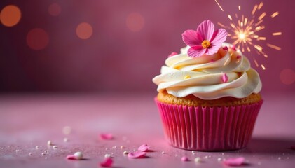 Frosted cupcake, flower & sparkler detail, bokeh background, sweet, fun