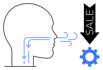 Side profile of a head illustrating airflow, downward sale arrow, and cogwheel. Ideal for physiology, sales strategies, productivity, healthcare, process optimization, connections simple flat