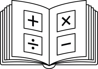 Open math book icon, black silhouette vector, arithmetic symbols illustration, educational material design, minimal style, school learning graphic